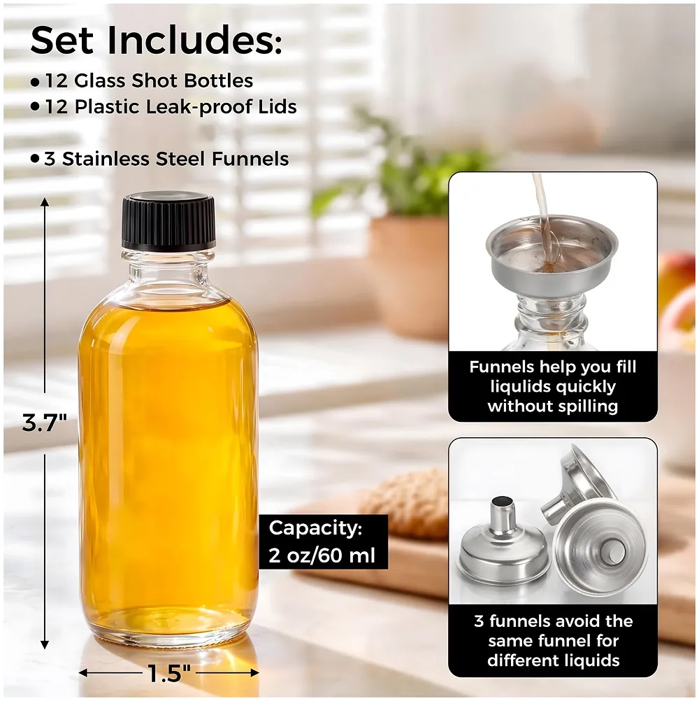 12 Pcs Glass Shot Bottles 60 ml Airtight Leak Proof 3.7 Inch Set