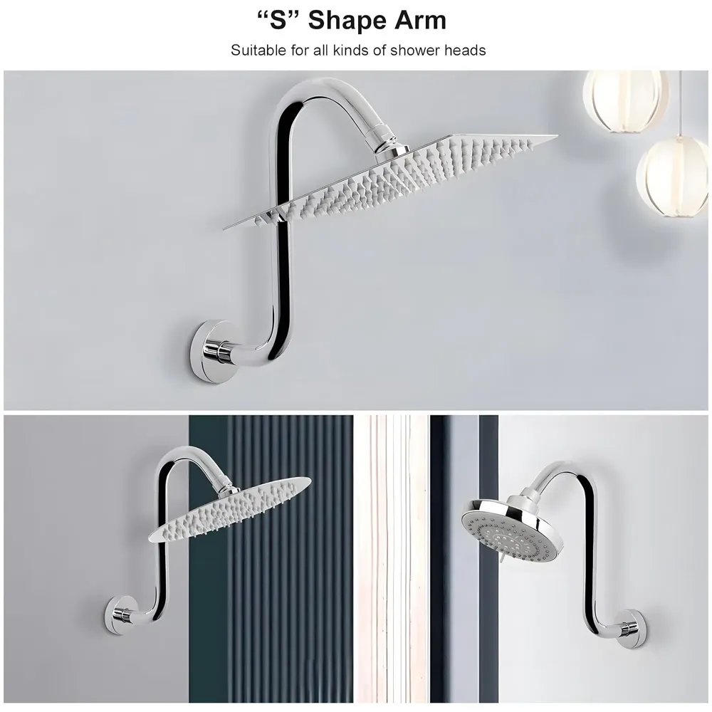 High Rise Goose Neck Curve Shower Arm S-Bend To Elevate the Shower Higher, Silver Compatible With all Showers -20 cm x 17 cm - 2