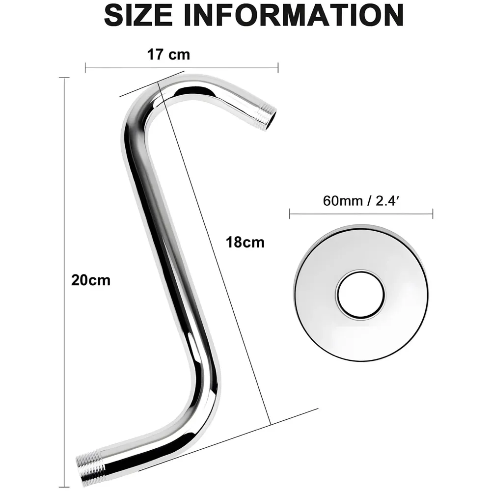 High Rise Goose Neck Curve Shower Arm S-Bend To Elevate the Shower Higher, Silver Compatible With all Showers -20 cm x 17 cm - 3