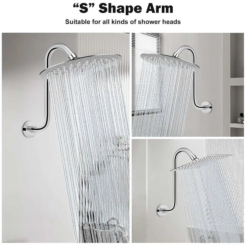 12 Inch High Rise Goose Neck Curve Shower Arm S-Bend To Elevate the Shower Higher, Silver Compatible With all Showers - 30 cm, 12 inch