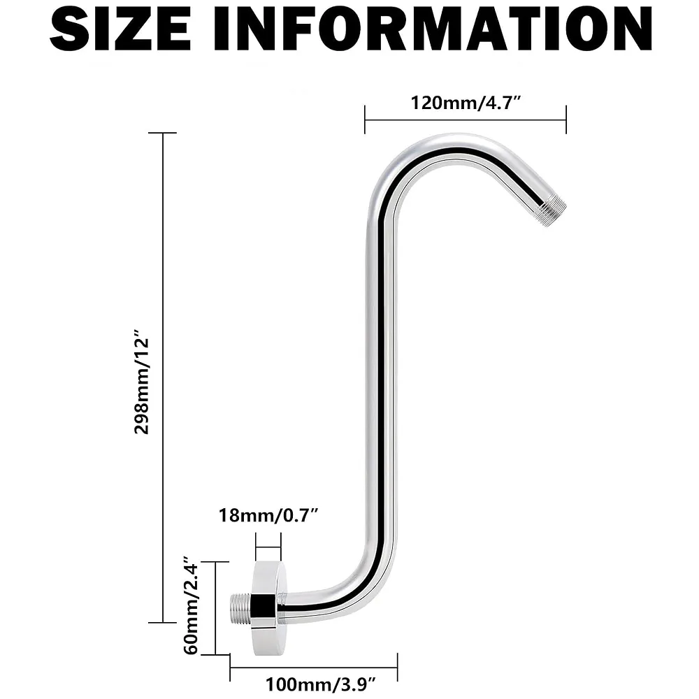 12 Inch High Rise Goose Neck Curve Shower Arm S-Bend To Elevate the Shower Higher, Silver Compatible With all Showers - 30 cm, 12 inch