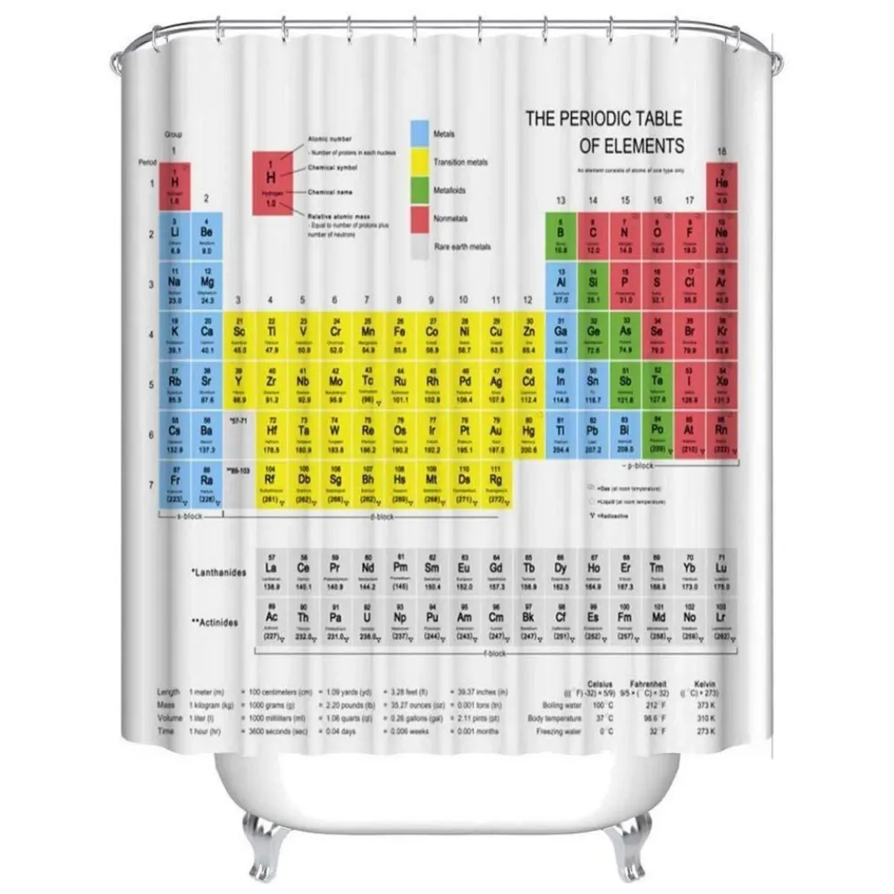 Periodic Table Fancy Shower Curtain Waterproof Mildew Resistant - Polyester Fabric Bath Curtains Decor Set – 8 Pieces Shower Hooks (72 X 72 Inches) (Periodic Table)