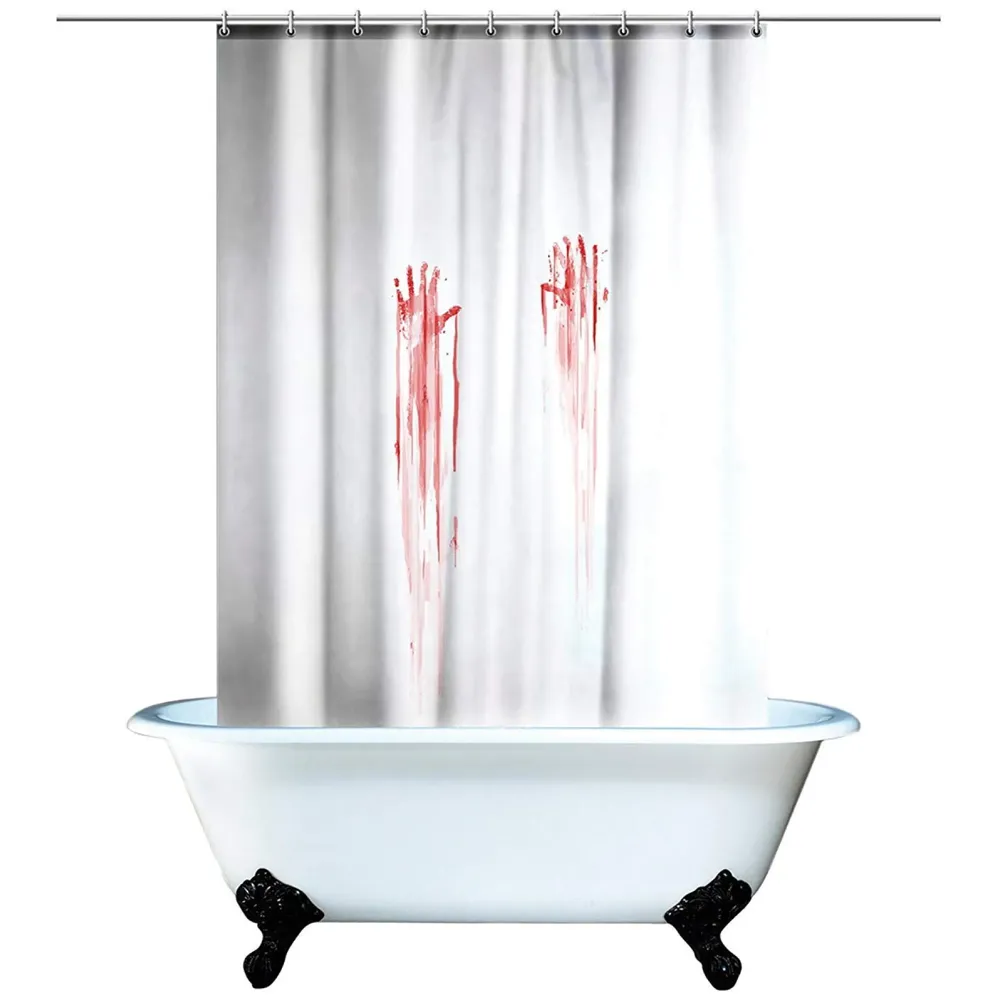 Fancy Waterproof Mildew Resistant Polyester Fabric Shower Curtain Decor with Hooks (72 X 72 Inches, White, Bloody Hand) - Set of 8 Pieces Hooks