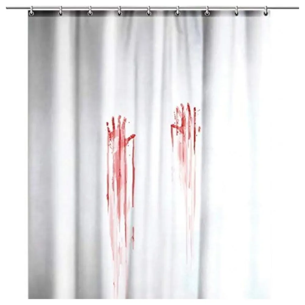 Fancy Waterproof Mildew Resistant Polyester Fabric Shower Curtain Decor with Hooks (72 X 72 Inches, White, Bloody Hand) - Set of 8 Pieces Hooks