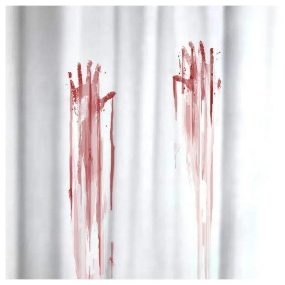 Fancy Waterproof Mildew Resistant Polyester Fabric Shower Curtain Decor with Hooks (72 X 72 Inches, White, Bloody Hand) - Set of 8 Pieces Hooks