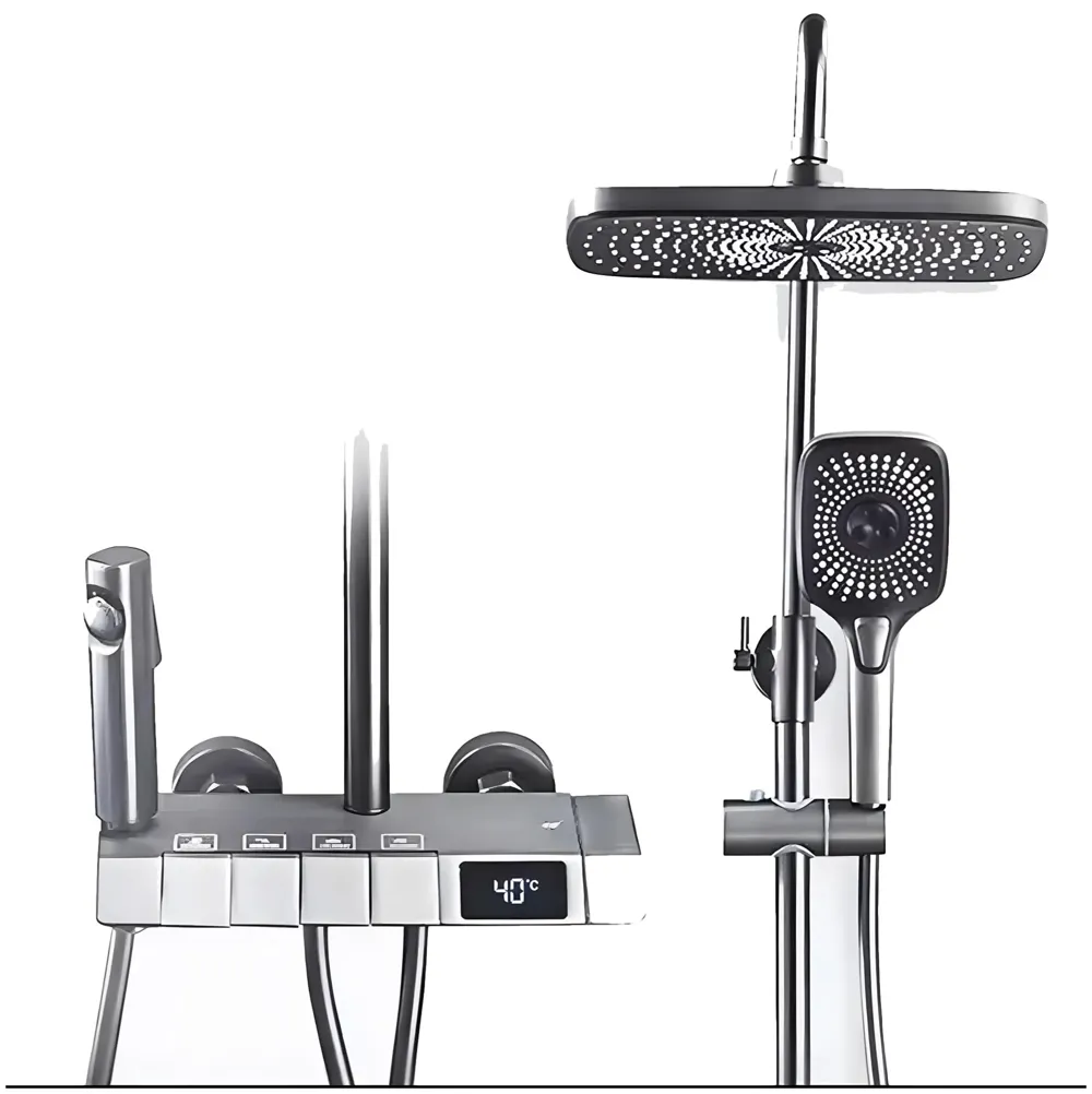 Piano Keys Shower Set Top Shower, Hand Shower, Digital Display with Temperature, Hot and Cold Mixer, Greyish Black Thermostatic Display LCD Mixer For Bathroom Toilet