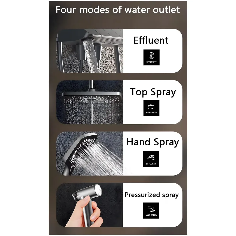 Piano Keys Shower Set Top Shower, Hand Shower, Digital Display with Temperature, Hot and Cold Mixer, Greyish Black Thermostatic Display LCD Mixer For Bathroom Toilet - 2