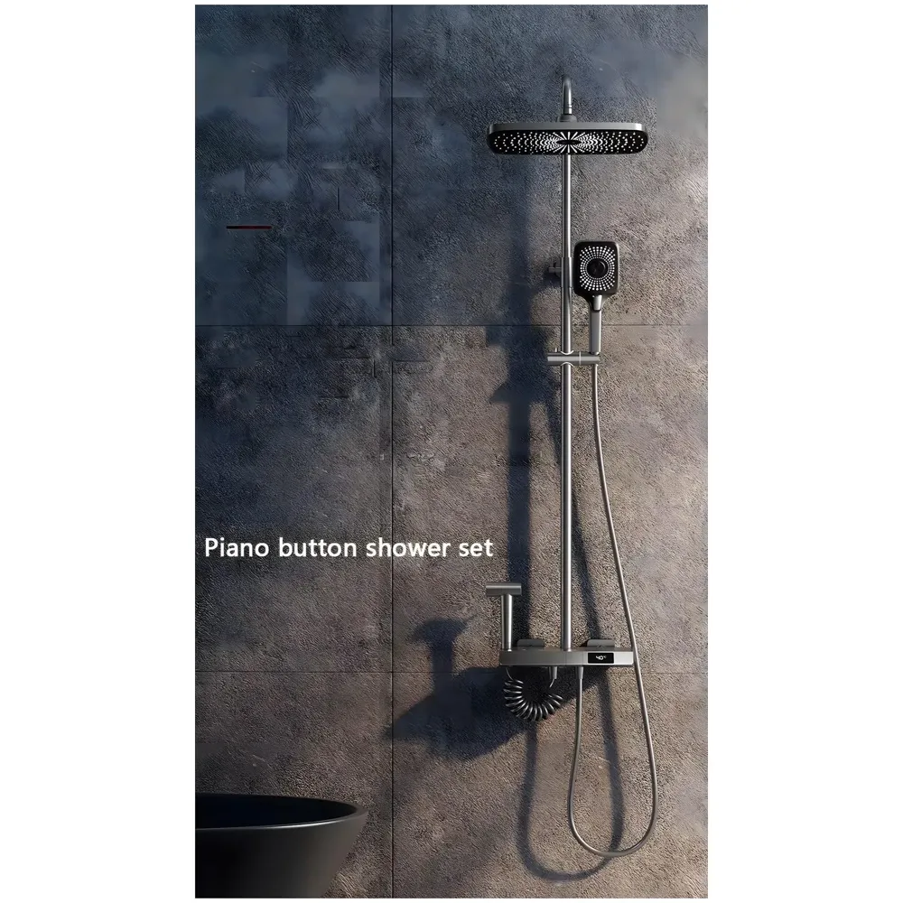 Piano Keys Shower Set Top Shower, Hand Shower, Digital Display with Temperature, Hot and Cold Mixer, Greyish Black Thermostatic Display LCD Mixer For Bathroom Toilet - 3