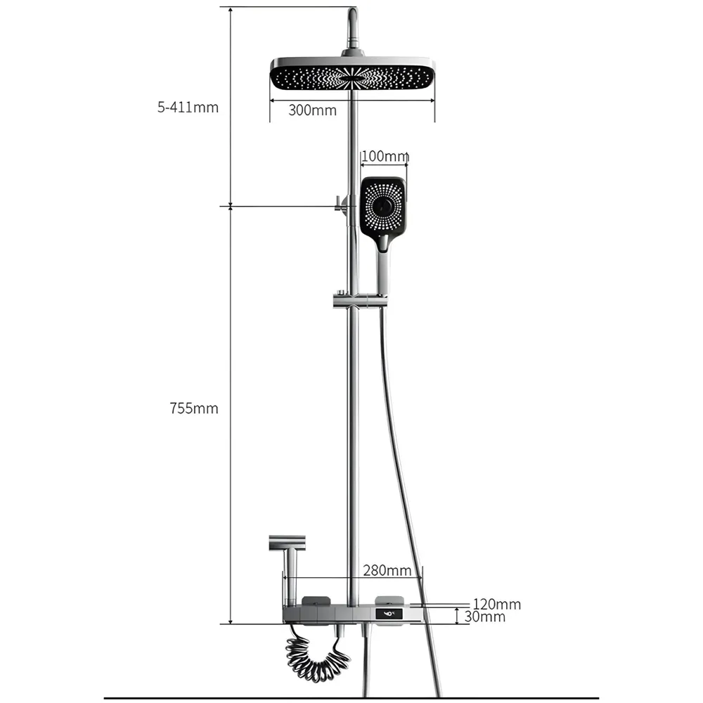 Piano Keys Shower Set Top Shower, Hand Shower, Digital Display with Temperature, Hot and Cold Mixer, Greyish Black Thermostatic Display LCD Mixer For Bathroom Toilet - 4