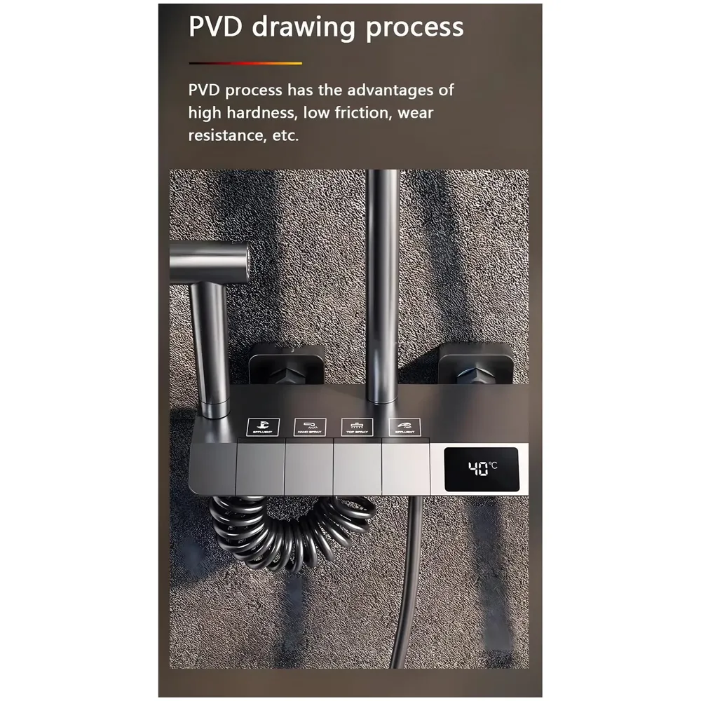 Piano Keys Shower Set Top Shower, Hand Shower, Digital Display with Temperature, Hot and Cold Mixer, Greyish Black Thermostatic Display LCD Mixer For Bathroom Toilet - 5