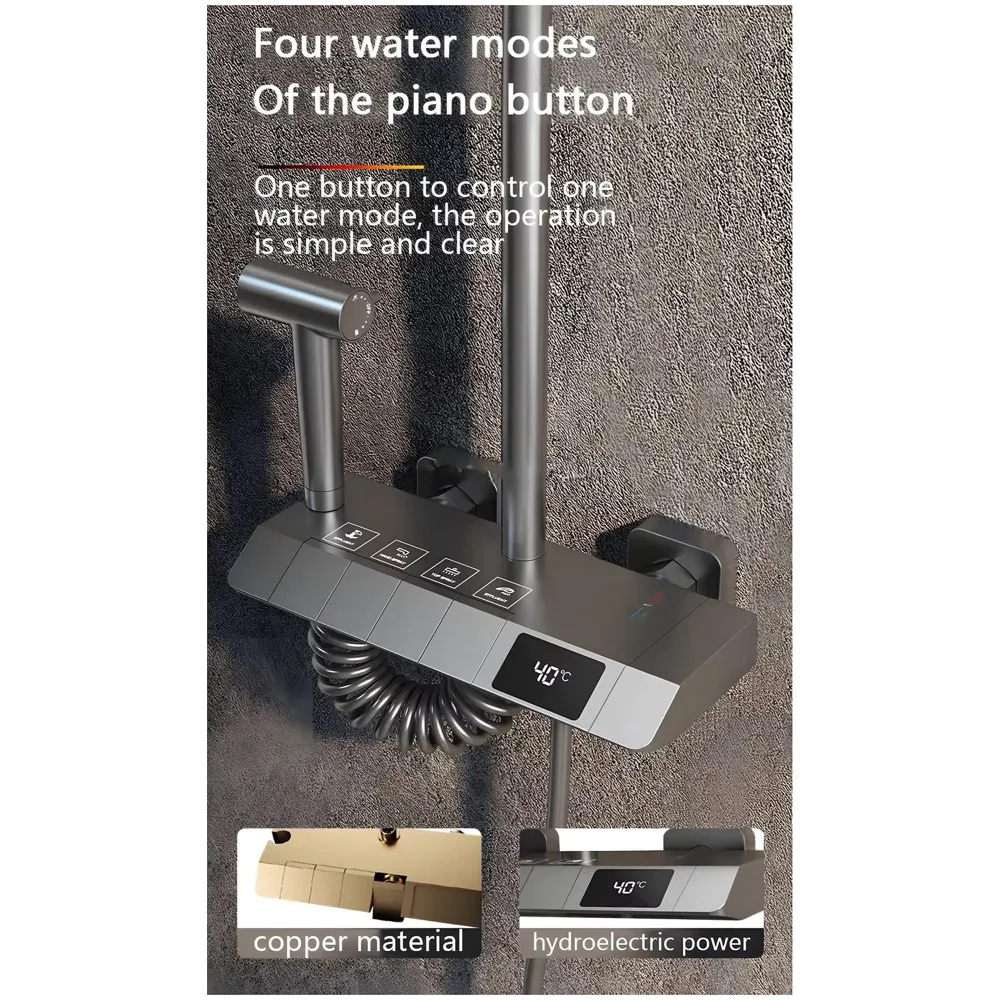 Piano Keys Shower Set Top Shower, Hand Shower, Digital Display with Temperature, Hot and Cold Mixer, Greyish Black Thermostatic Display LCD Mixer For Bathroom Toilet - 6