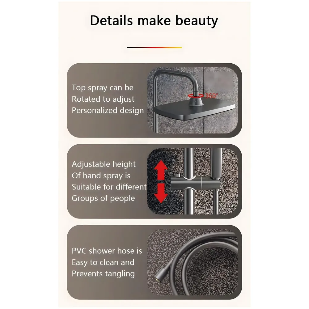 Piano Keys Shower Set Top Shower, Hand Shower, Digital Display with Temperature, Hot and Cold Mixer, Greyish Black Thermostatic Display LCD Mixer For Bathroom Toilet - 7