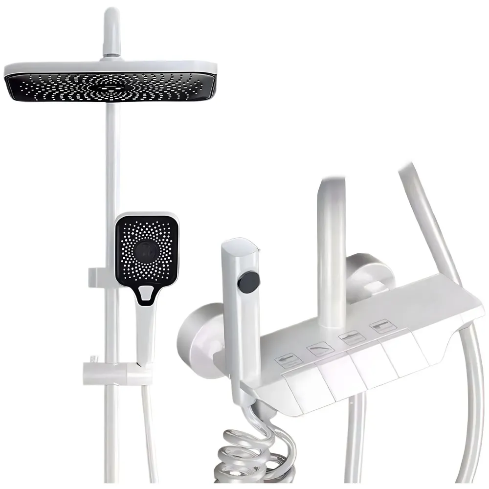 4 in 1 White Piano Keys Shower Set Top Shower, Hand Shower, Hot and Cold Mixer, White Thermostatic Mixer For Bathroom Toilet