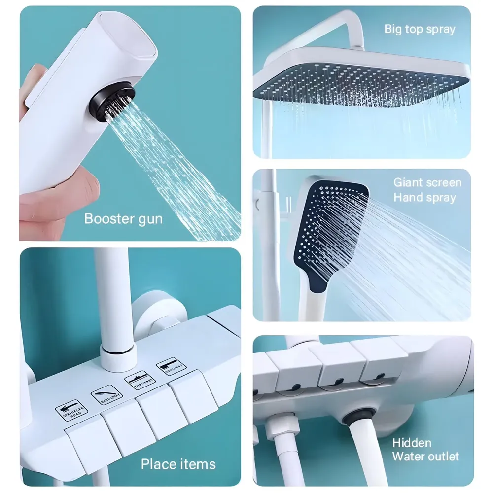 4 in 1 White Piano Keys Shower Set Top Shower, Hand Shower, Hot and Cold Mixer, White Thermostatic Mixer For Bathroom Toilet - 2