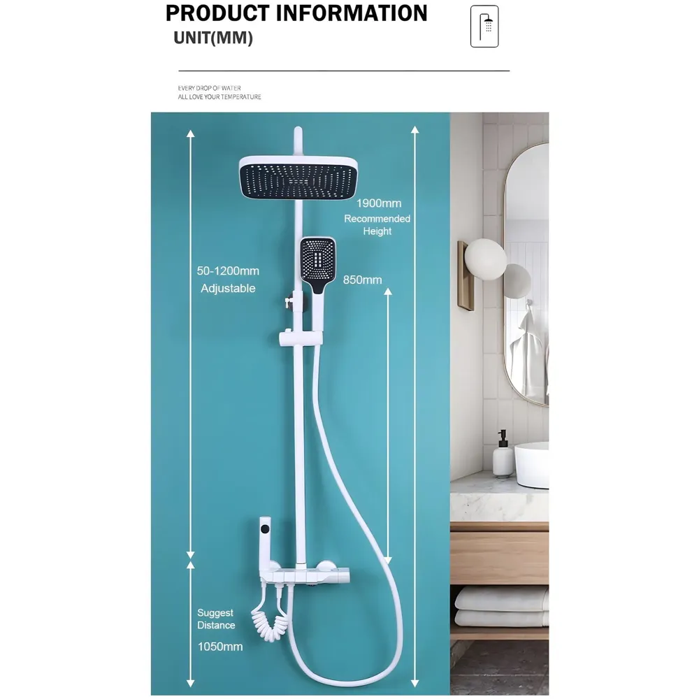 4 in 1 White Piano Keys Shower Set Top Shower, Hand Shower, Hot and Cold Mixer, White Thermostatic Mixer For Bathroom Toilet - 3