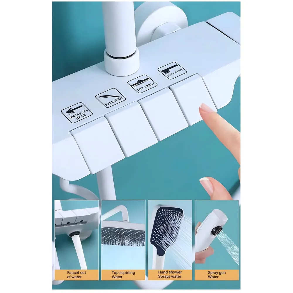 4 in 1 White Piano Keys Shower Set Top Shower, Hand Shower, Hot and Cold Mixer, White Thermostatic Mixer For Bathroom Toilet - 6