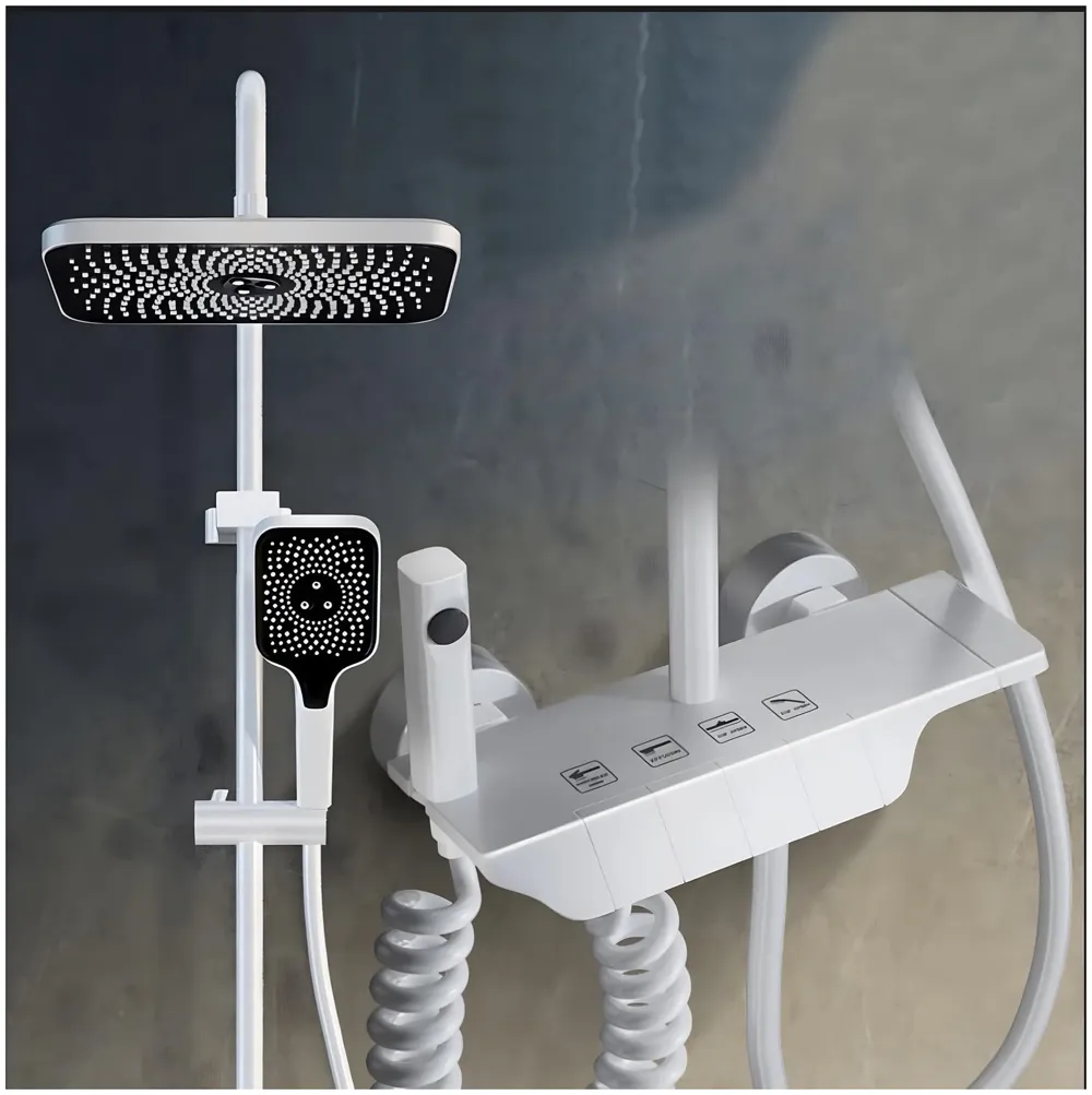 4 in 1 White Piano Keys Shower Set Top Shower, Hand Shower, Hot and Cold Mixer, White Thermostatic Mixer For Bathroom Toilet - 8