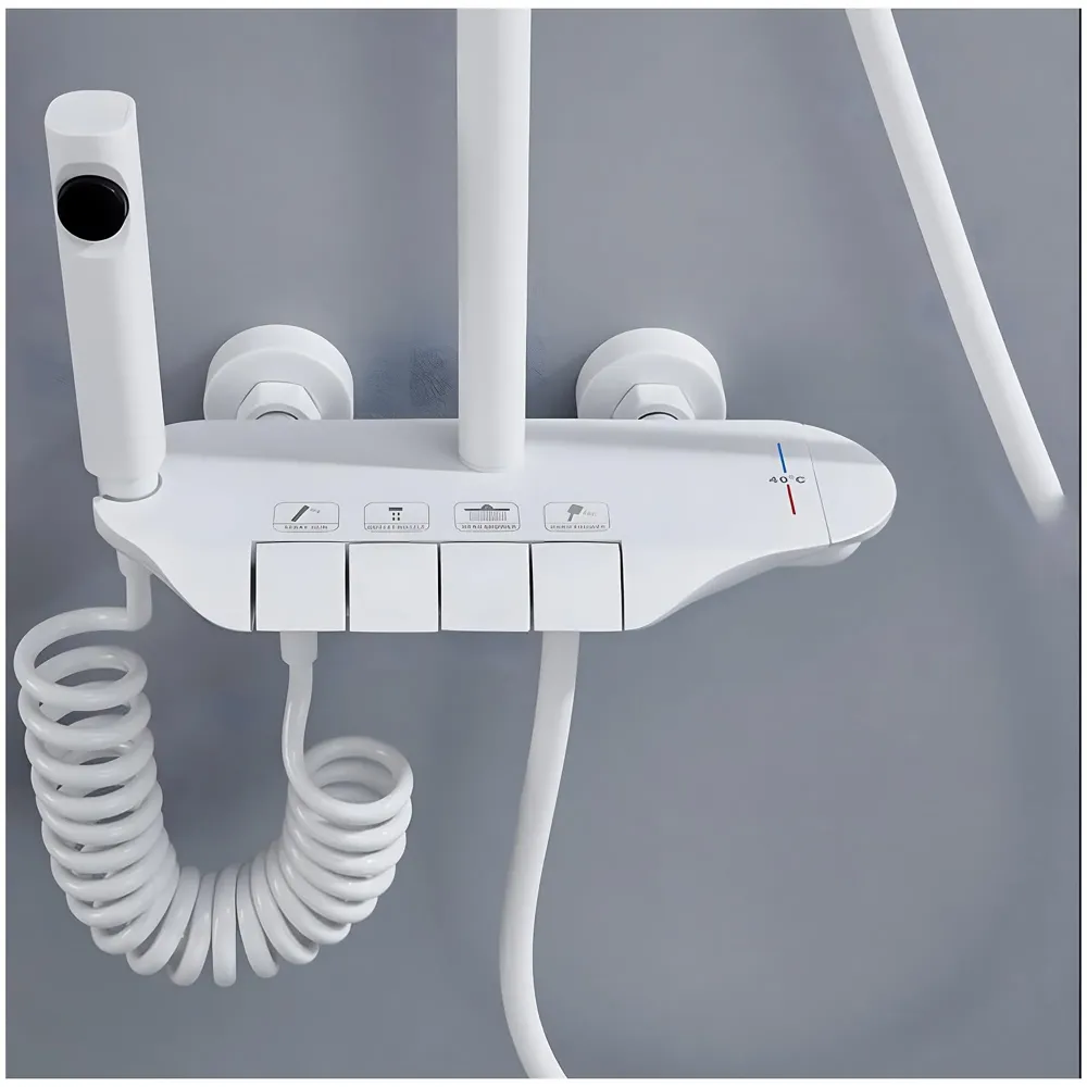 4 in 1 White Piano Keys Shower Set Top Shower, Hand Shower, Hot and Cold Mixer, White Thermostatic Mixer For Bathroom Toilet - 9
