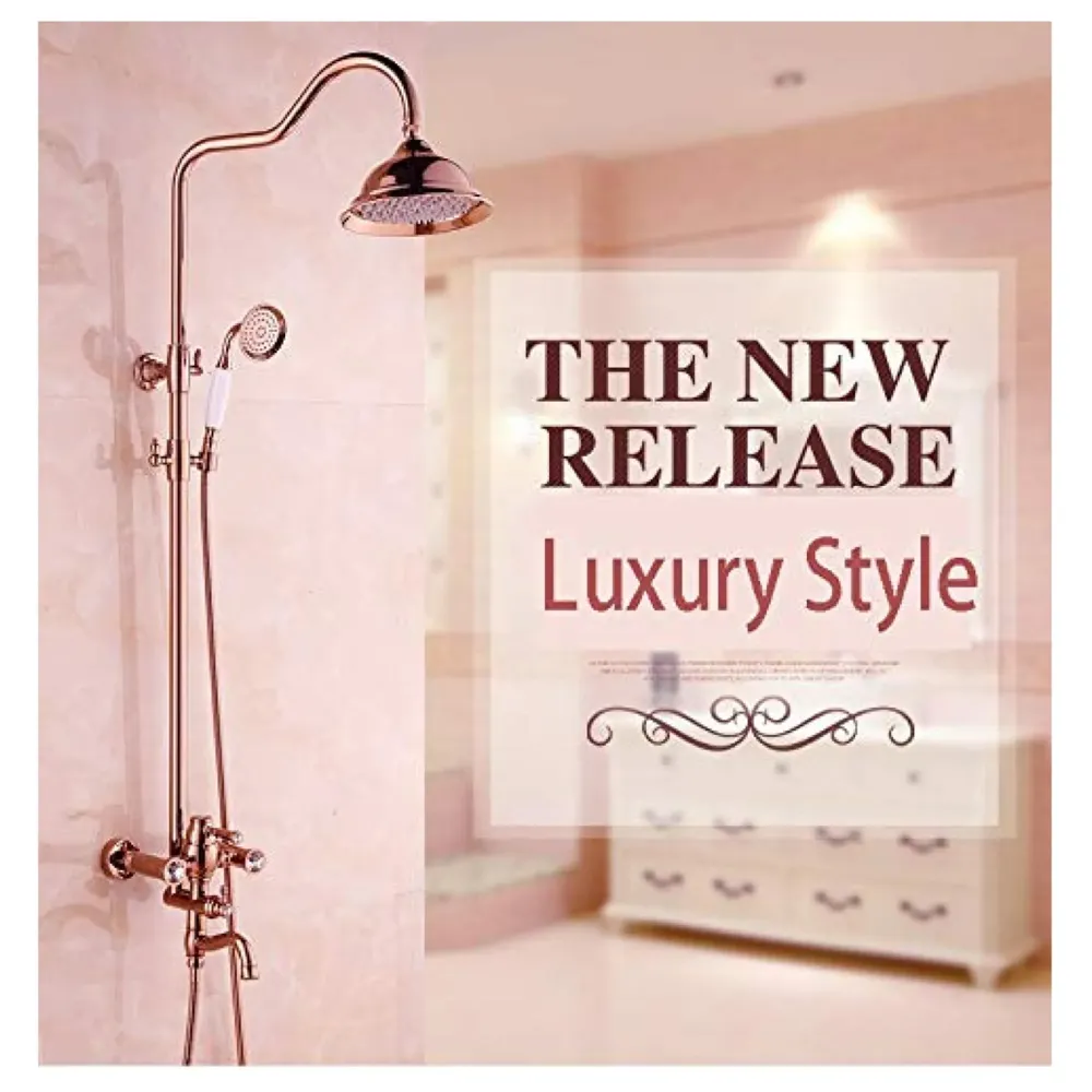 AQUAKART Brass Rose Gold shower system, 3 in 1 wall mixer with adjustable height shower and hand shower, 3 control setting.