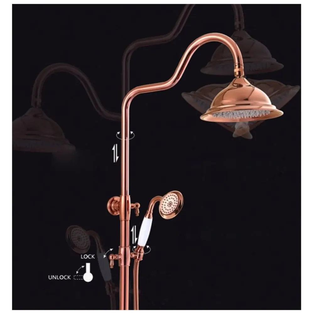 AQUAKART Brass Rose Gold shower system, 3 in 1 wall mixer with adjustable height shower and hand shower, 3 control setting. - 4