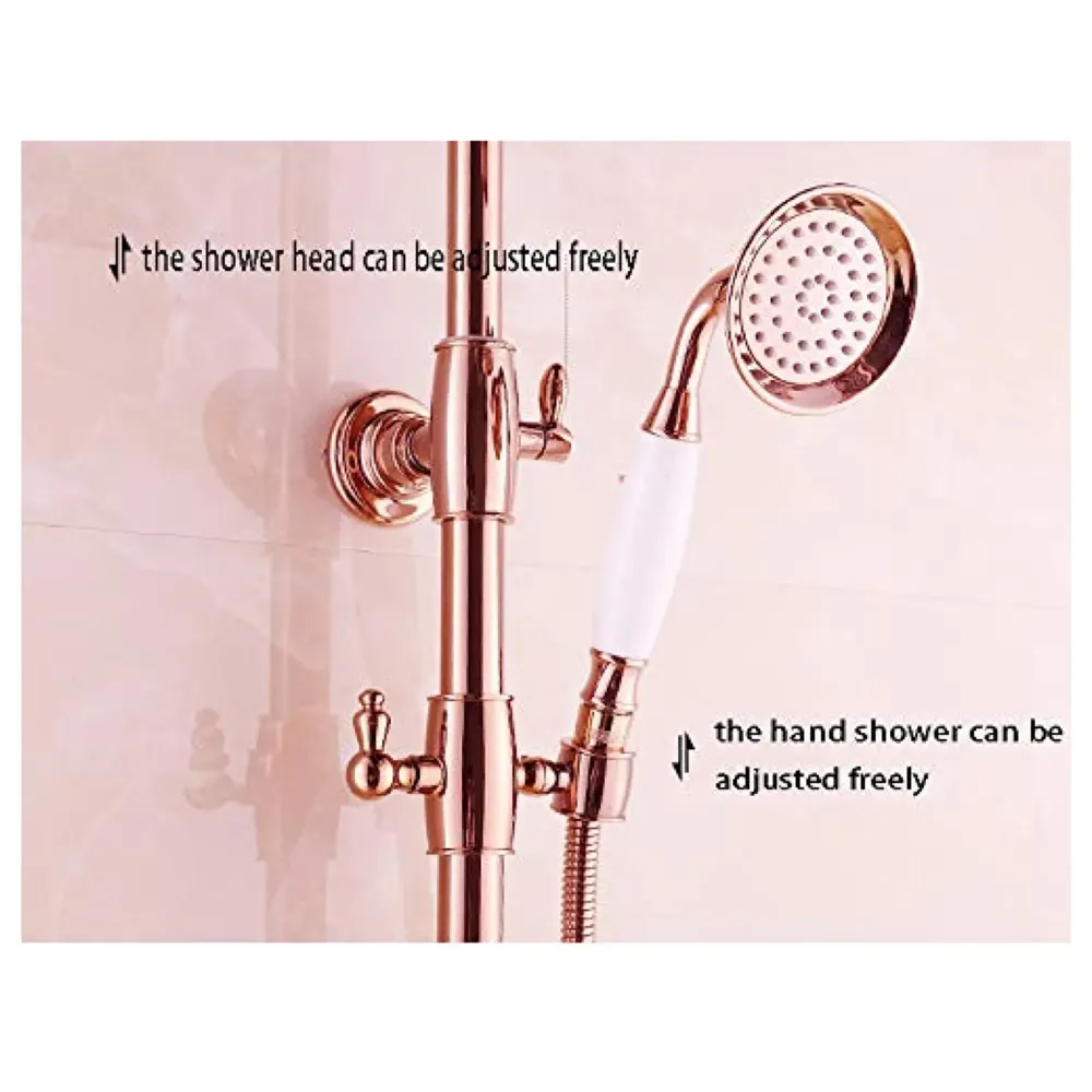 AQUAKART Brass Rose Gold shower system, 3 in 1 wall mixer with adjustable height shower and hand shower, 3 control setting. - 5