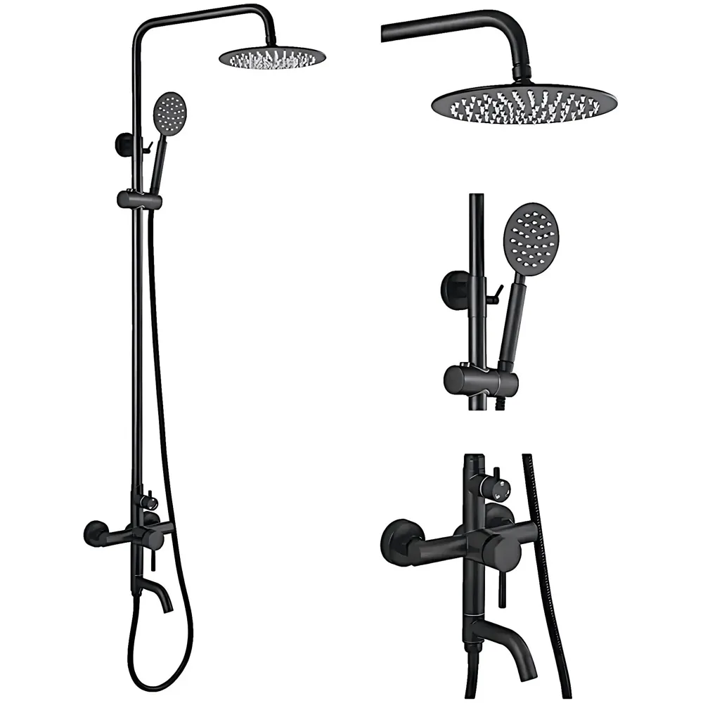 AQUAKART 3 in 1 Black Shower System With Hot And Cold Mixer Shower and Handshower, Adjustable Height, 3 Control Setting, Noir Collection