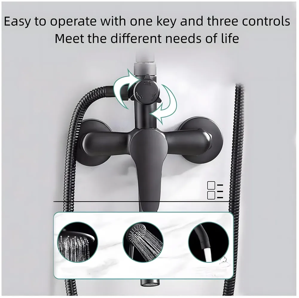 AQUAKART 3 in 1 Black Shower System With Hot And Cold Mixer Shower and Handshower, Adjustable Height, 3 Control Setting, Noir Collection - 3