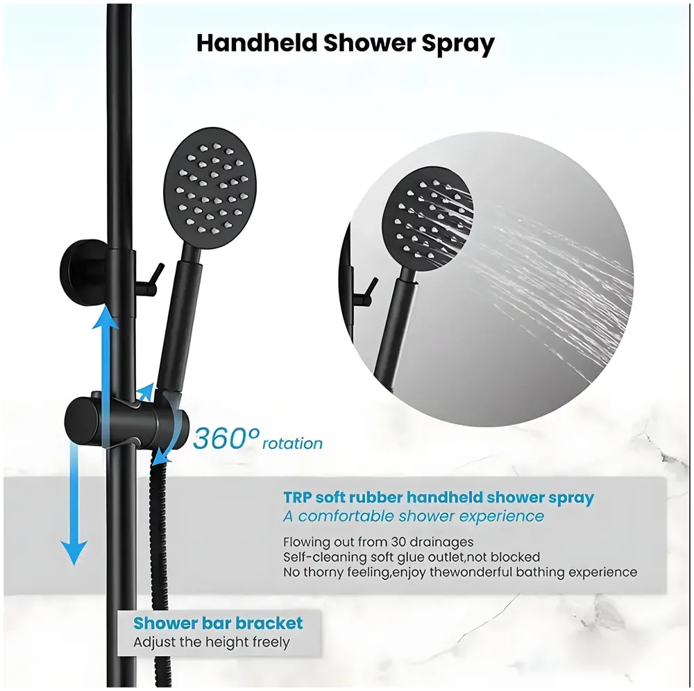 AQUAKART 3 in 1 Black Shower System With Hot And Cold Mixer Shower and Handshower, Adjustable Height, 3 Control Setting, Noir Collection - 5