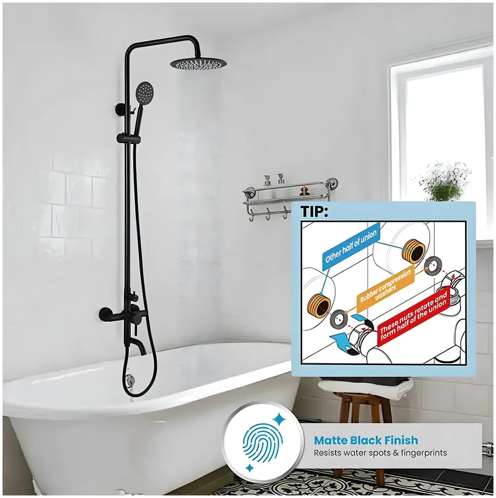 AQUAKART 3 in 1 Black Shower System With Hot And Cold Mixer Shower and Handshower, Adjustable Height, 3 Control Setting, Noir Collection - 7