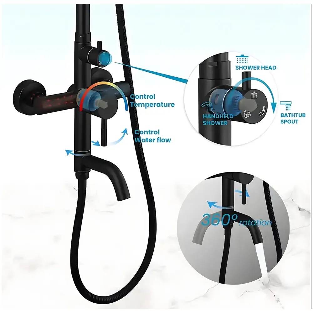 AQUAKART 3 in 1 Black Shower System With Hot And Cold Mixer Shower and Handshower, Adjustable Height, 3 Control Setting, Noir Collection - 8