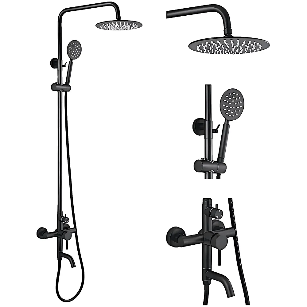 3 in 1 Black Shower System Hot Cold Wall Mixer Tap Noir Bathroom Premium