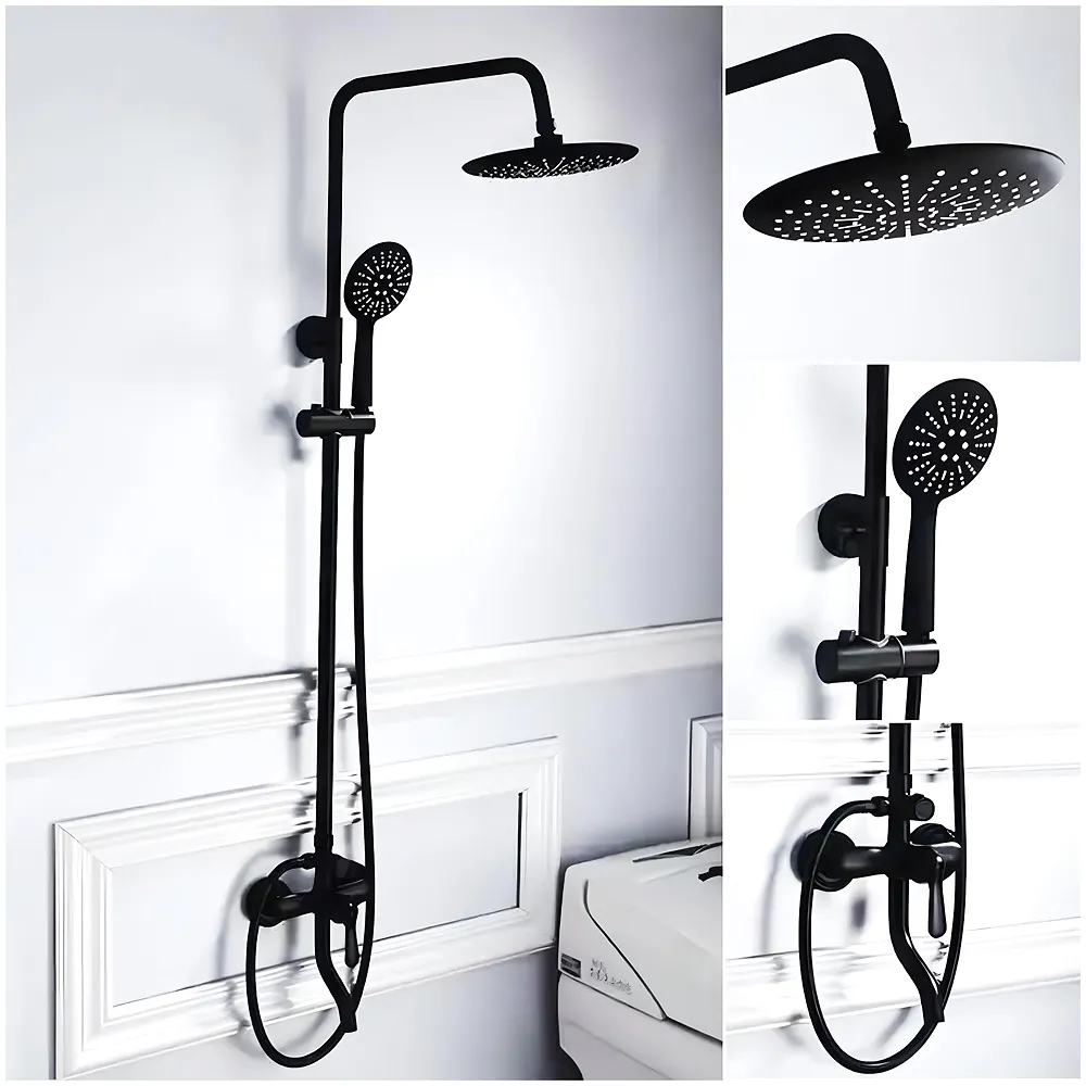 3 in 1 Black Shower System Hot Cold Wall Mixer Tap Noir Bathroom Premium