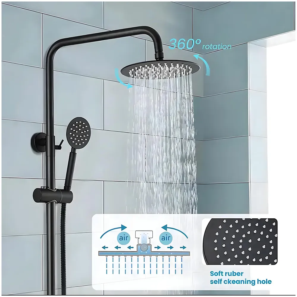 3 in 1 Black Shower System Hot Cold Wall Mixer Tap Noir Bathroom Premium