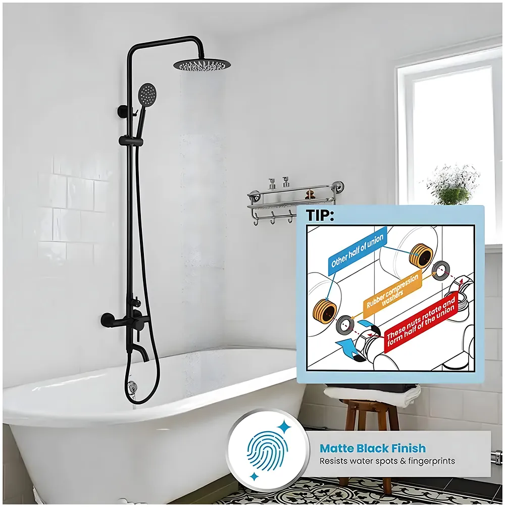 3 in 1 Black Shower System Hot Cold Wall Mixer Tap Noir Bathroom Premium