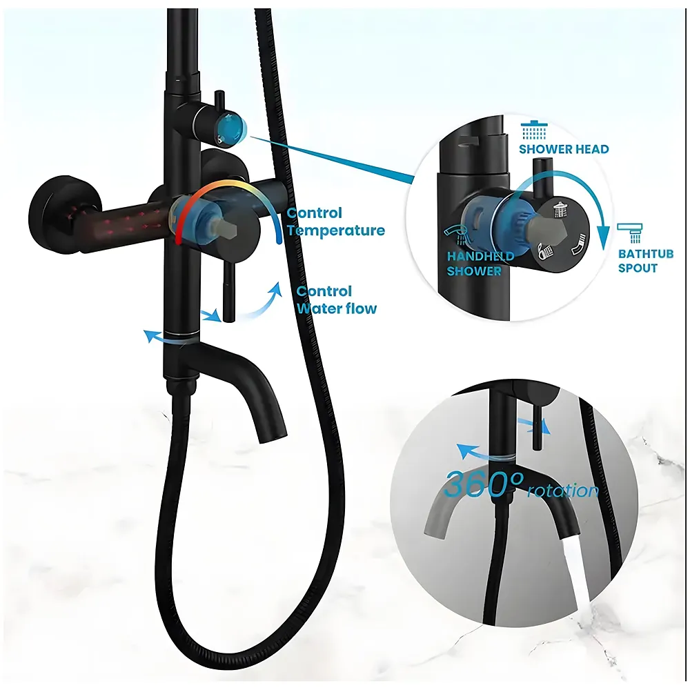 3 in 1 Black Shower System Hot Cold Wall Mixer Tap Noir Bathroom Premium