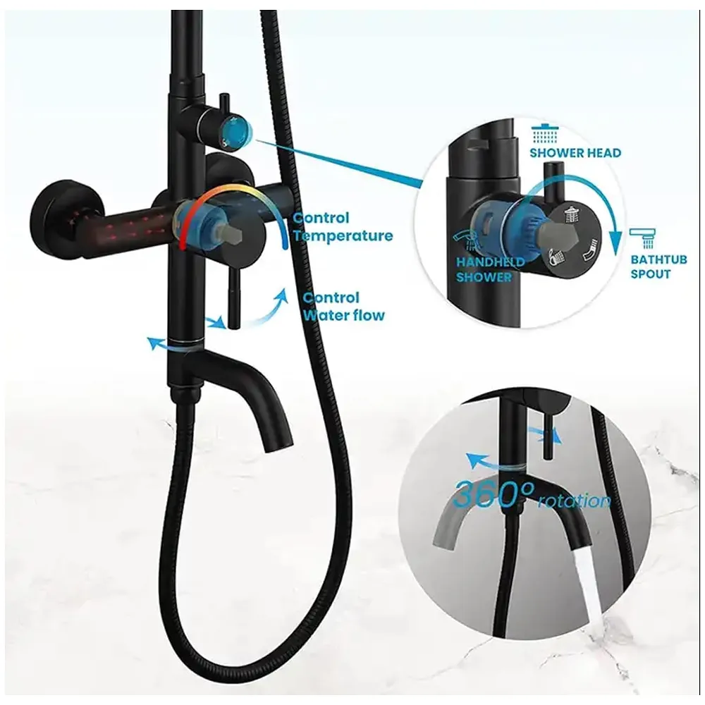 3 in 1 Black Shower System With Hot And Cold Mixer Shower and Handshower, Adjustable Height, 3 Control Setting, Noir Collection