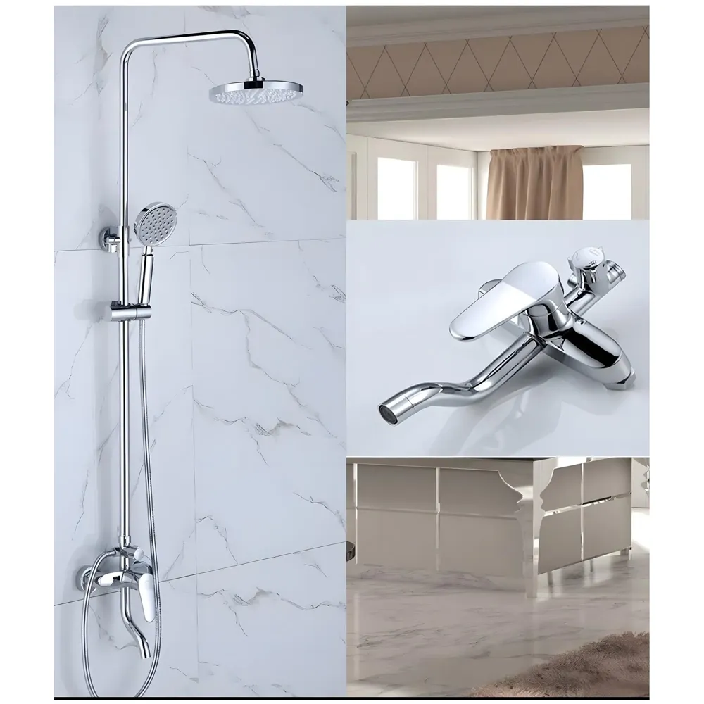 AQUAKART Brass Shower System, 3 in 1 Wall Mixer with 3 Control Setting. Adjustable Height Shower and Hand Shower, Complete Bath Set, Silver Chrome