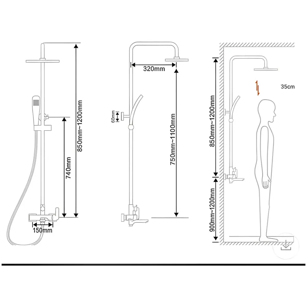 AQUAKART Brass Shower System, 3 in 1 Wall Mixer with 3 Control Setting. Adjustable Height Shower and Hand Shower, Complete Bath Set, Silver Chrome - 4