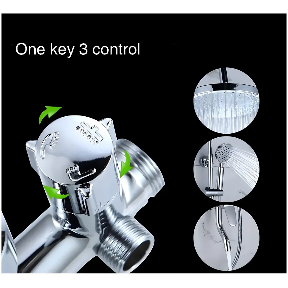 Brass Shower System, 3 in 1 Wall Mixer with 3 Control Setting. Adjustable Height Shower and Hand Shower, Complete Bath Set, Silver Chrome