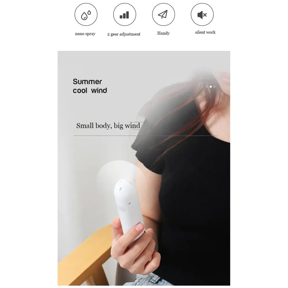 Small Hand mist fan water fan Handheld Spray Fan With Water Misting Desk Fan with 2 Speeds & 30 ML Portable Water Tank With LED Light - 14 Cm x 3.5 Cm