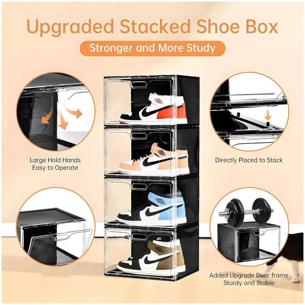 Sneaker Box Transparent From 4 Sides Shoe Boxes Stackable, Large Shoe Storage Organizer 13 X 10 Inch Sneaker Display 1 Piece
