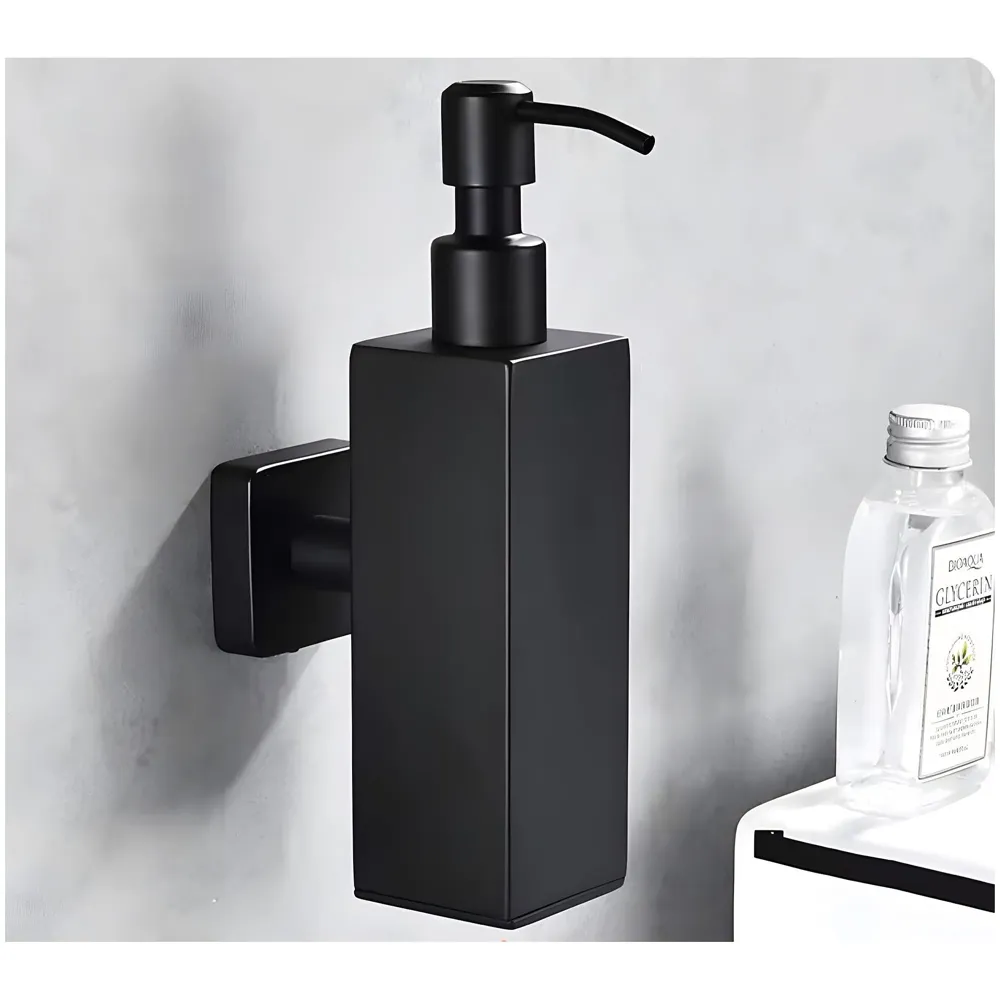Black Liquid Soap Dispenser Wall Mounted Stainless Steel for Bathroom and Wash Basin Hand wash Bathroom Accessories, Square, 200 ML