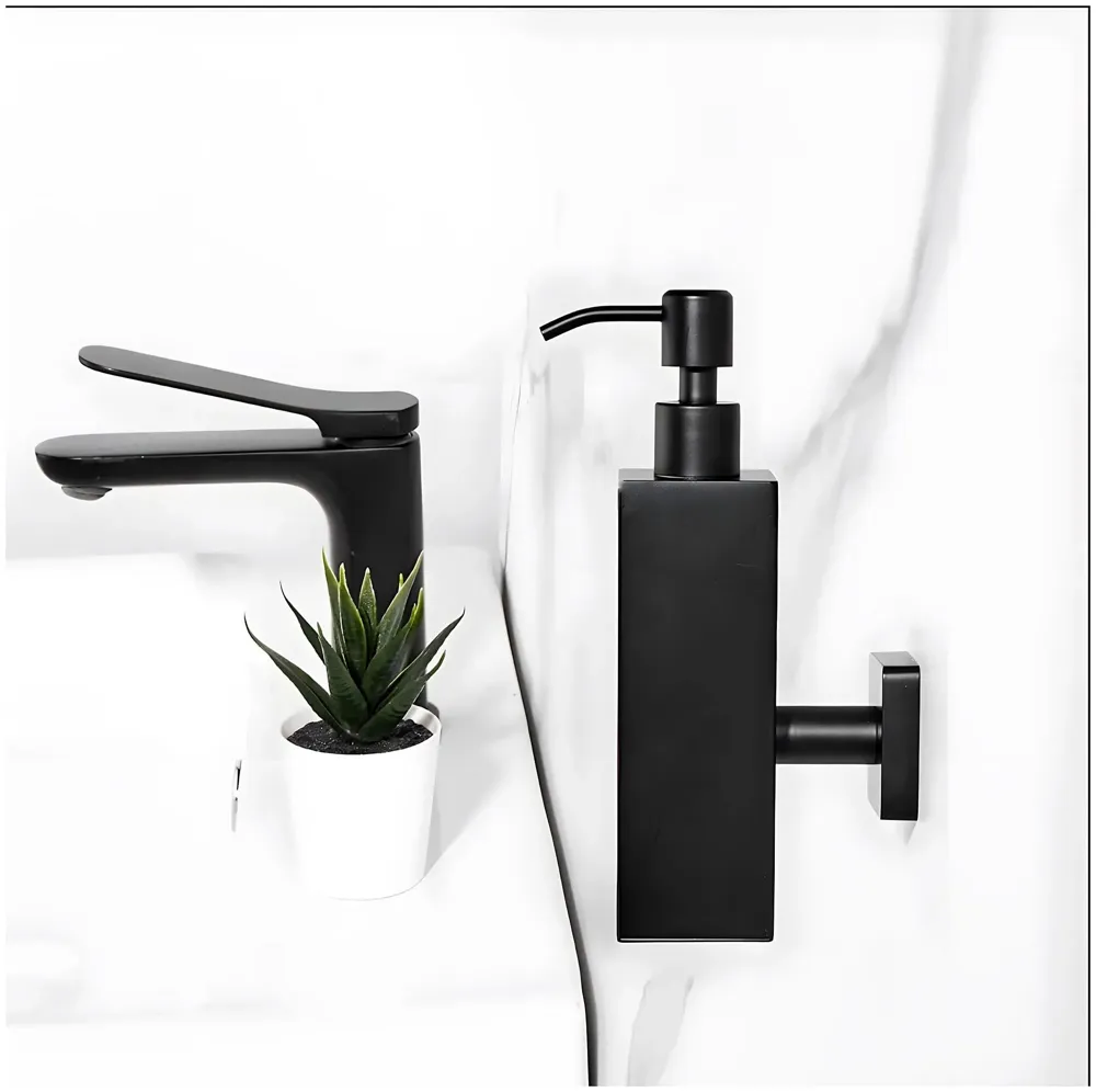 Black Liquid Soap Dispenser Wall Mounted Stainless Steel for Bathroom and Wash Basin Hand wash Bathroom Accessories, Square, 200 ML