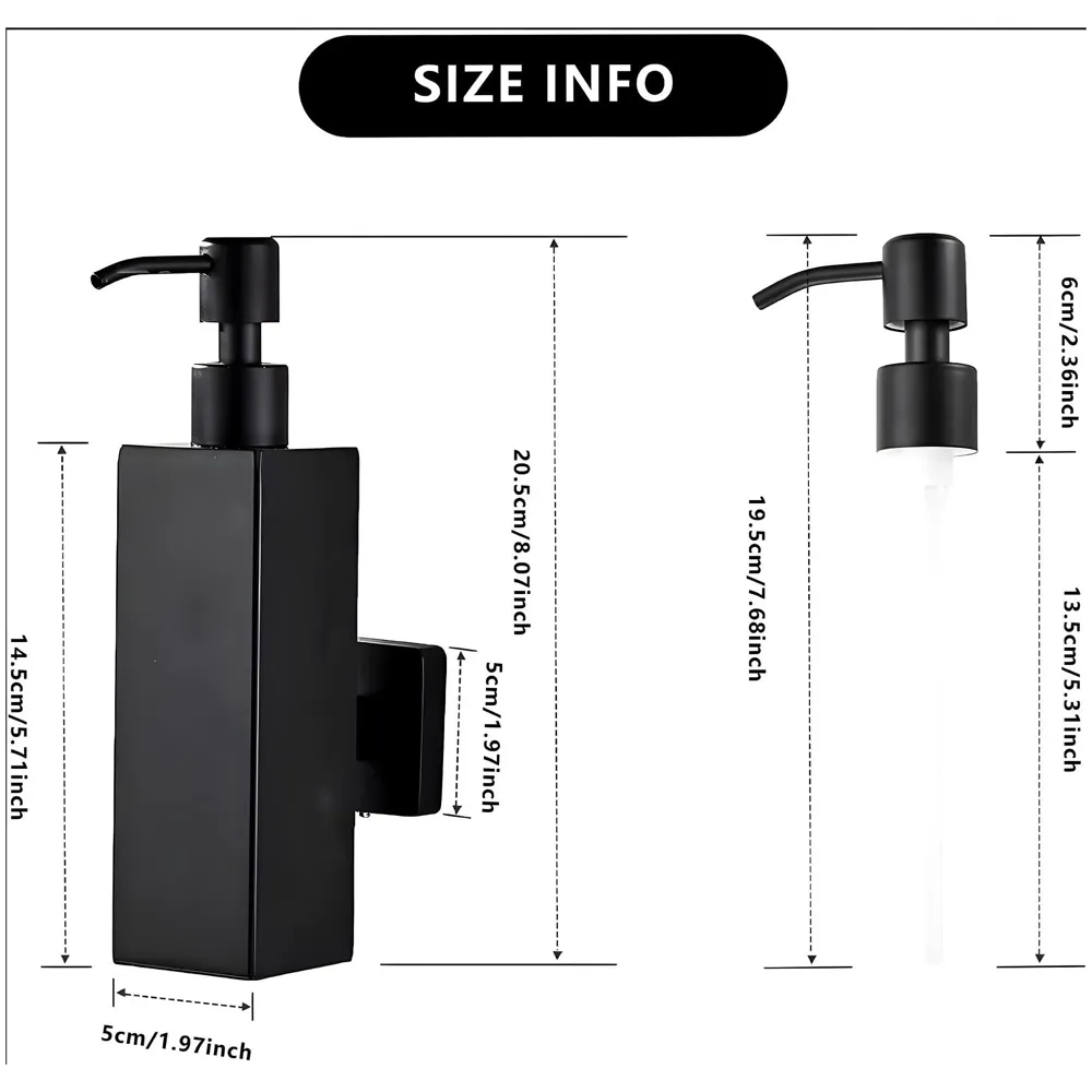 Black Liquid Soap Dispenser Wall Mounted Stainless Steel for Bathroom and Wash Basin Hand wash Bathroom Accessories, Square, 200 ML