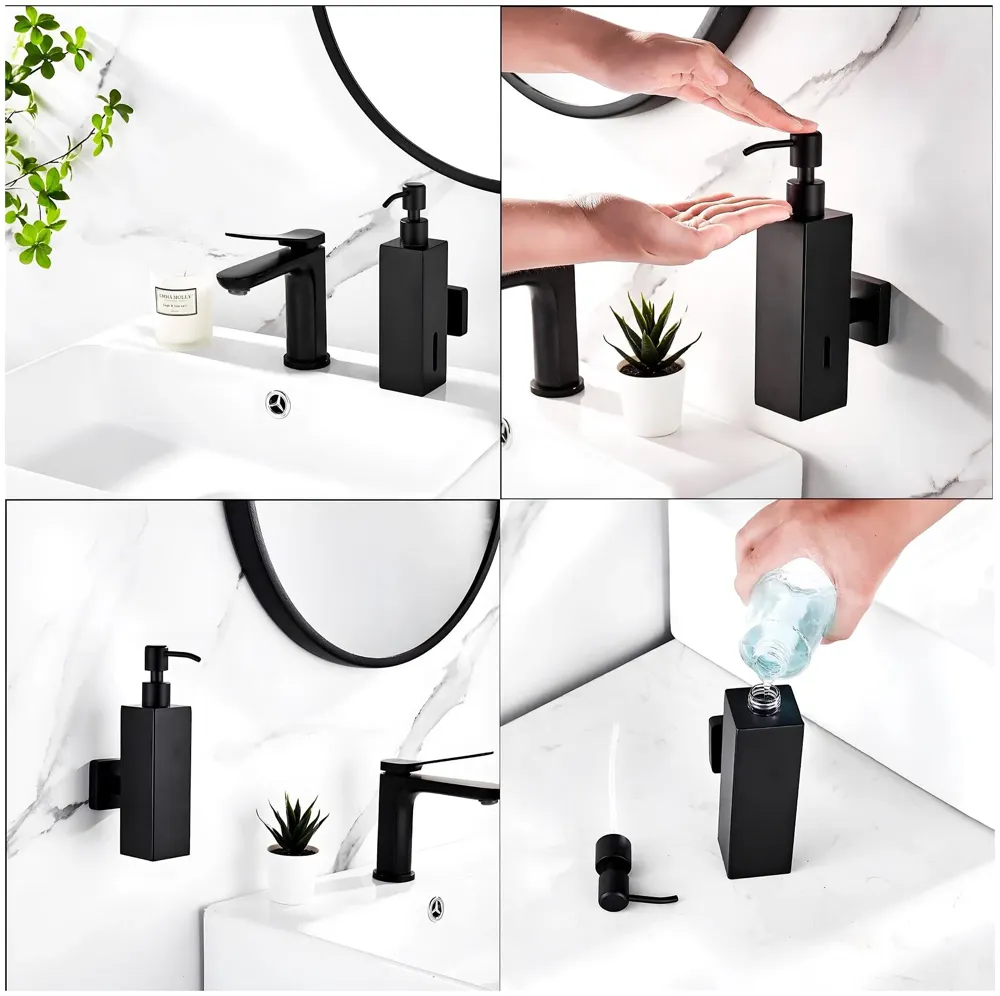 Black Liquid Soap Dispenser Wall Mounted Stainless Steel for Bathroom and Wash Basin Hand wash Bathroom Accessories, Square, 200 ML