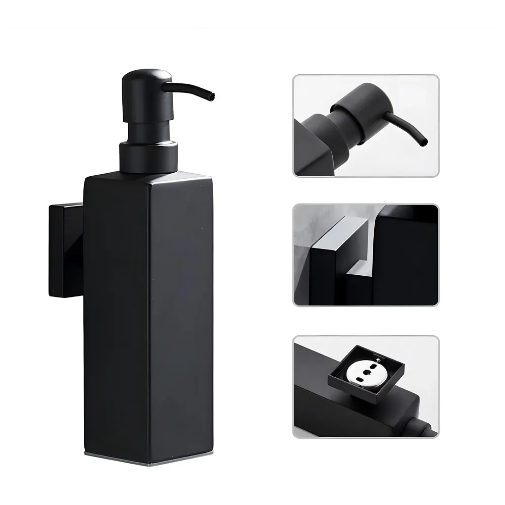 Black Liquid Soap Dispenser Wall Mounted Stainless Steel for Bathroom and Wash Basin Hand wash Bathroom Accessories, Square, 200 ML