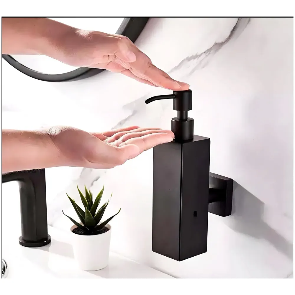 Black Liquid Soap Dispenser Wall Mounted Stainless Steel for Bathroom and Wash Basin Hand wash Bathroom Accessories, Square, 200 ML
