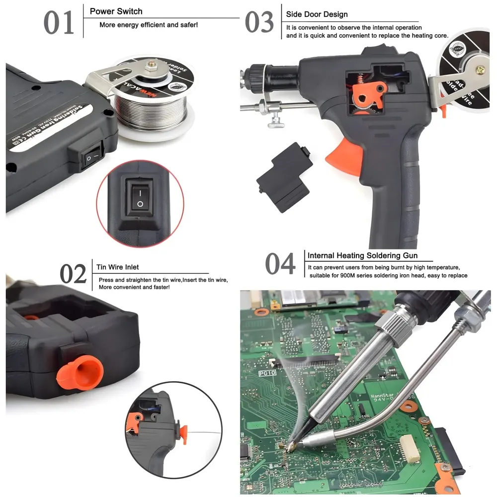 Soldering Gun Pro 40-80W Automatic Hand-held Solder Iron Kit Welding Tool, With Wire, De-soldering Pump, Tweezers And Holder with Sponge for Circuit Board, Professional Electronic Repair - 3
