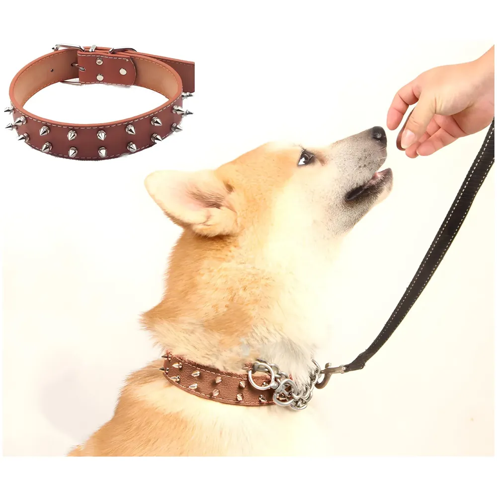 Spiked Dog Collar Brown Adjustable PU Leather Tactical Metal Buckle For 52 cm to 45 Cm Neck Girth Spiked Thorn For Medium And Large Dogs Like Golden Retriever Labrador German Shepard Doberman
