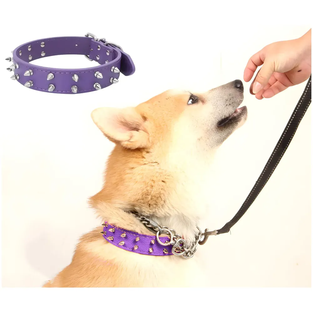 Spiked Dog Collar Purple Adjustable PU Leather Tactical for 52 cm to 45 Cm Neck Girth Spiked Thorn for Medium and Large Dogs Like Golden Retriever Labrador German Shepard Doberman